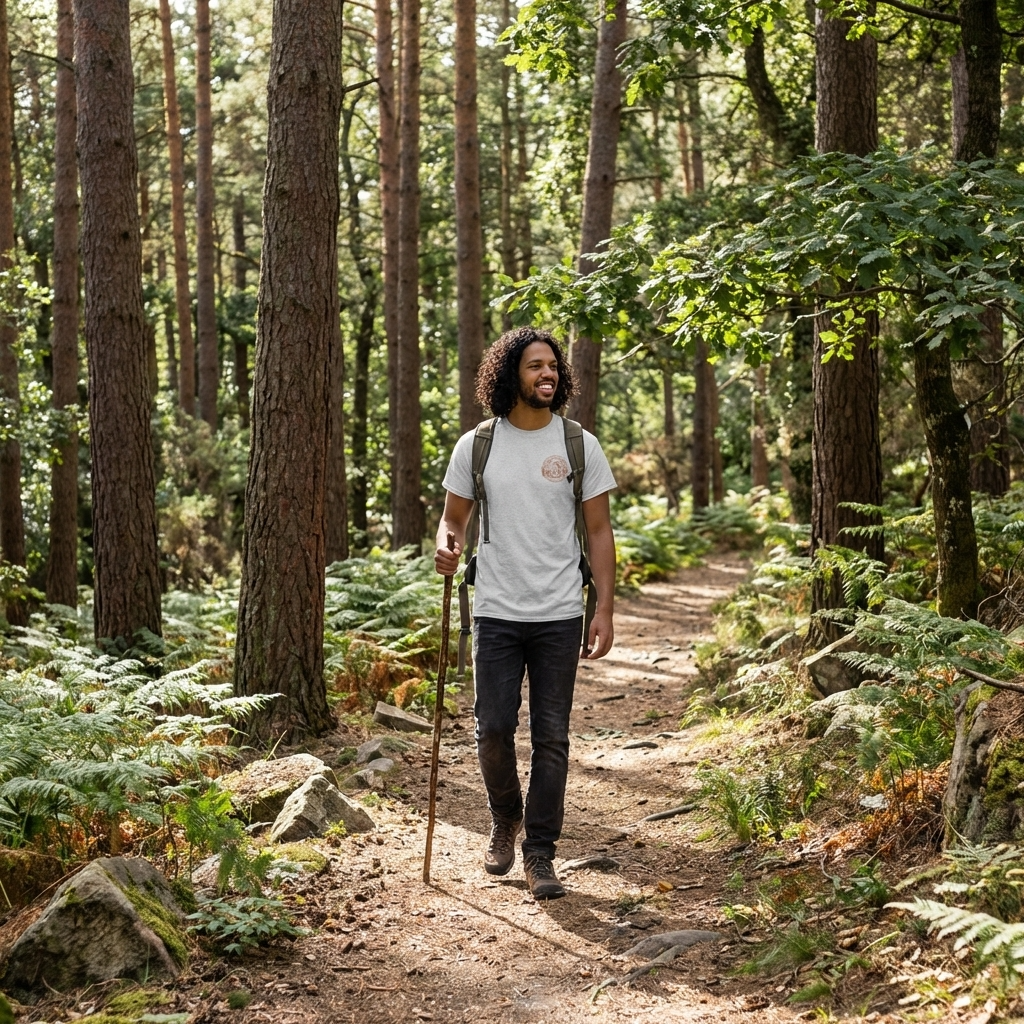 Man hiking through a forest with hiking poles