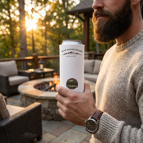 A man holding a white "Blue Ridge Bound" slim can koozie featuring a mountain range and the Perfectly Imperfect Cabin logo by a backyard fire pit.
